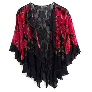 Vintage Silk Blend Burnout Velvet Cardigan XL Whimsigoth Floral Lace Ruffle